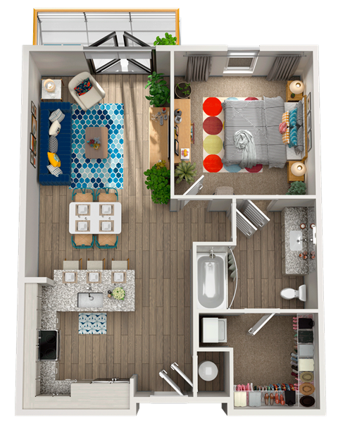 Floor plan for 1 bed, 1 bath, 727 sqft